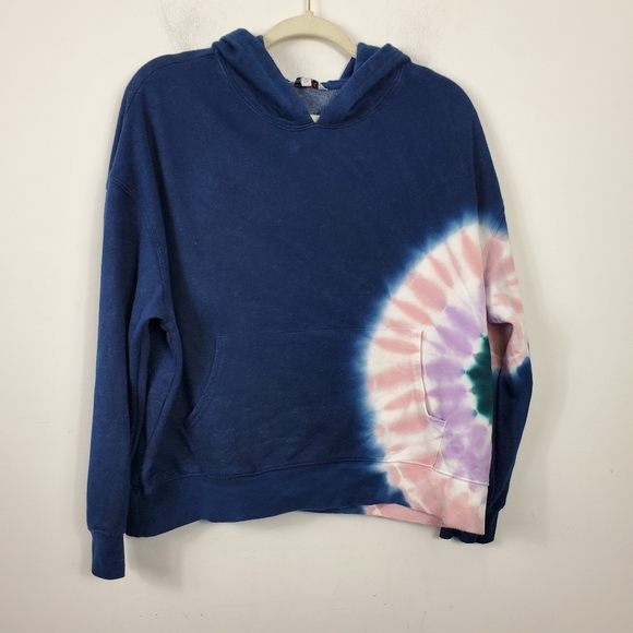 Wildfox Tie Dye Hoodie Womens Size L Boxy Cropped Fit Navy Blue Tie Dye Circle - Picture 2 of 6